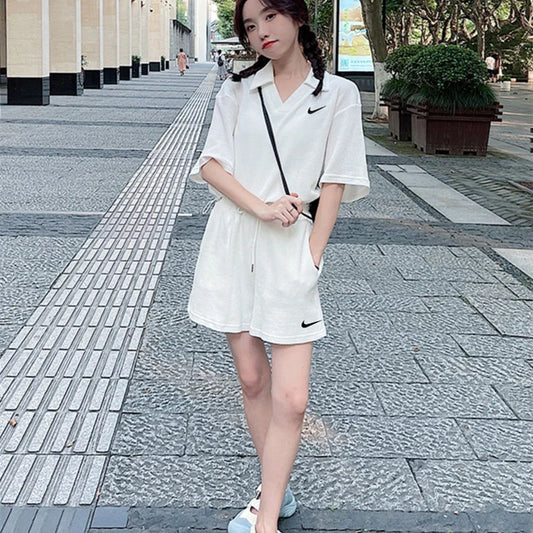 Nike Sports Suit Women  V-neck  Polo Shirt  Pullover  Casual  Short  Sleeved  and  Shorts  Two-piece  Set  Grey